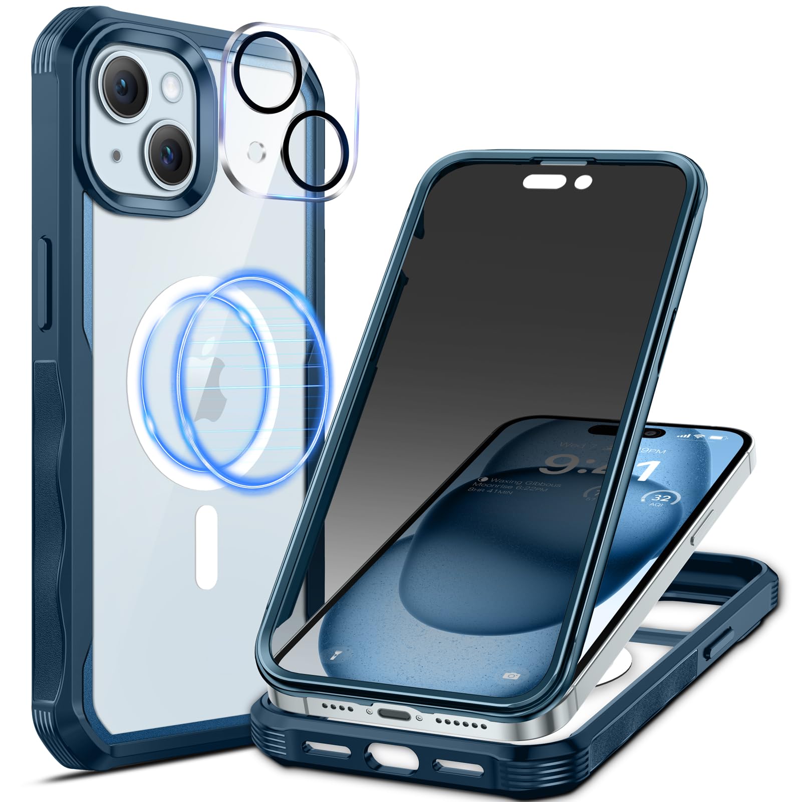 seacosmo Magnetic for iPhone 15 Plus Case 6.7 Inch, Privacy Phone Case Compatible with Magsafe Built-in 9H Tempered Glass Privacy Screen Protector + Camera Protective Full Body Shockproof Case, Blue — image 1