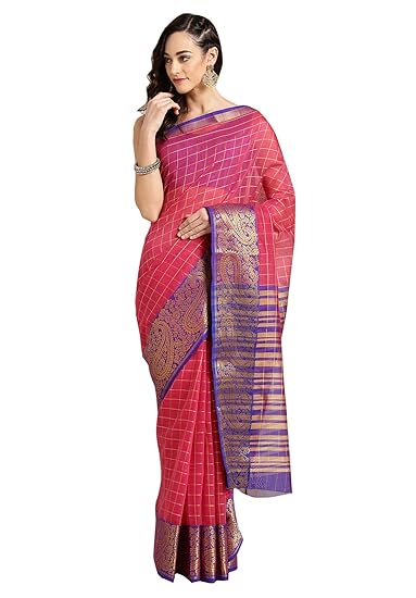 Chanderi Cotton Pink Golden Zari Woven Womens Saree