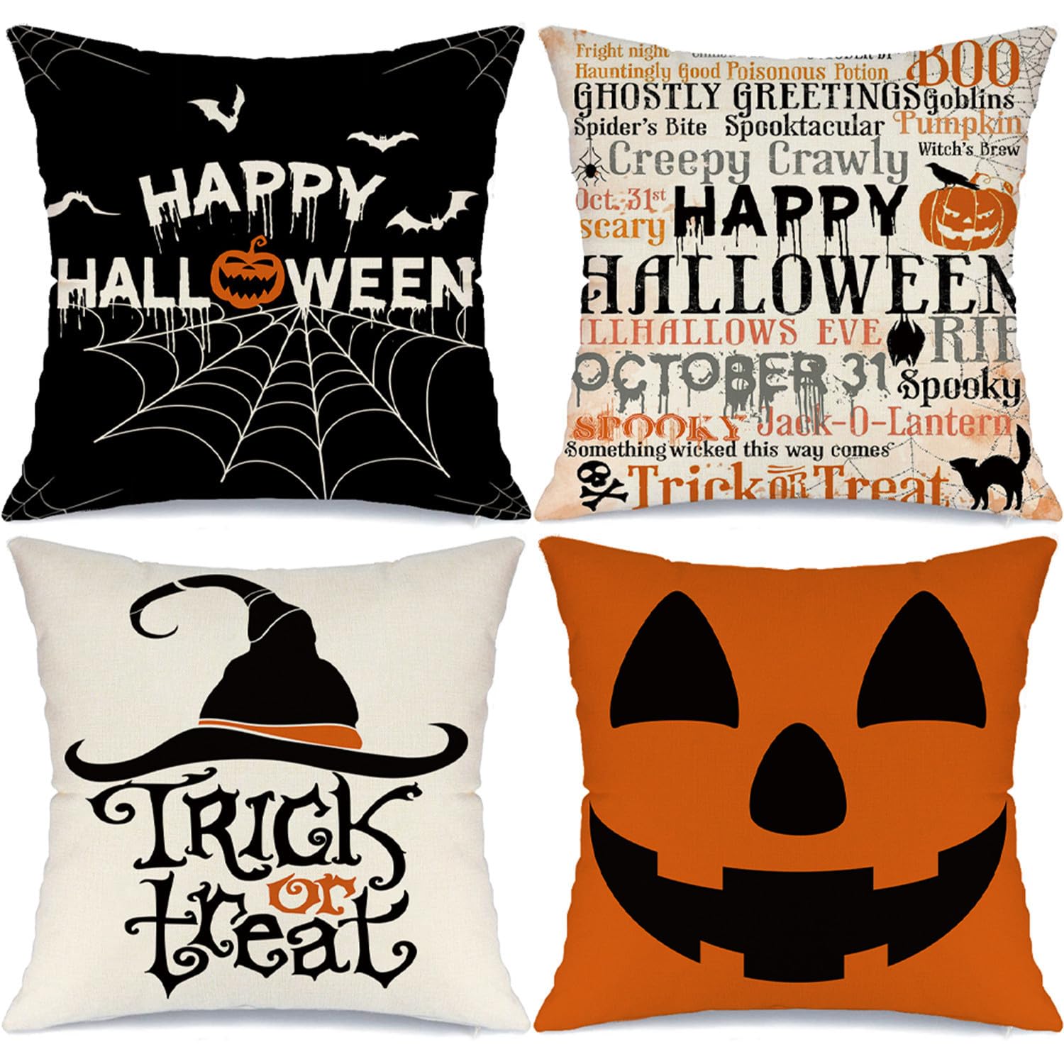 Photo 1 of MODOVOS Halloween Pillow Covers 18x18 Set of 4 Spider Web Happy Halloween Decorations Jack-O-Lantern Pumpkin Throw Pillow Covers Witch Hat Trick or Treat Cushion Case for Sofa Couch