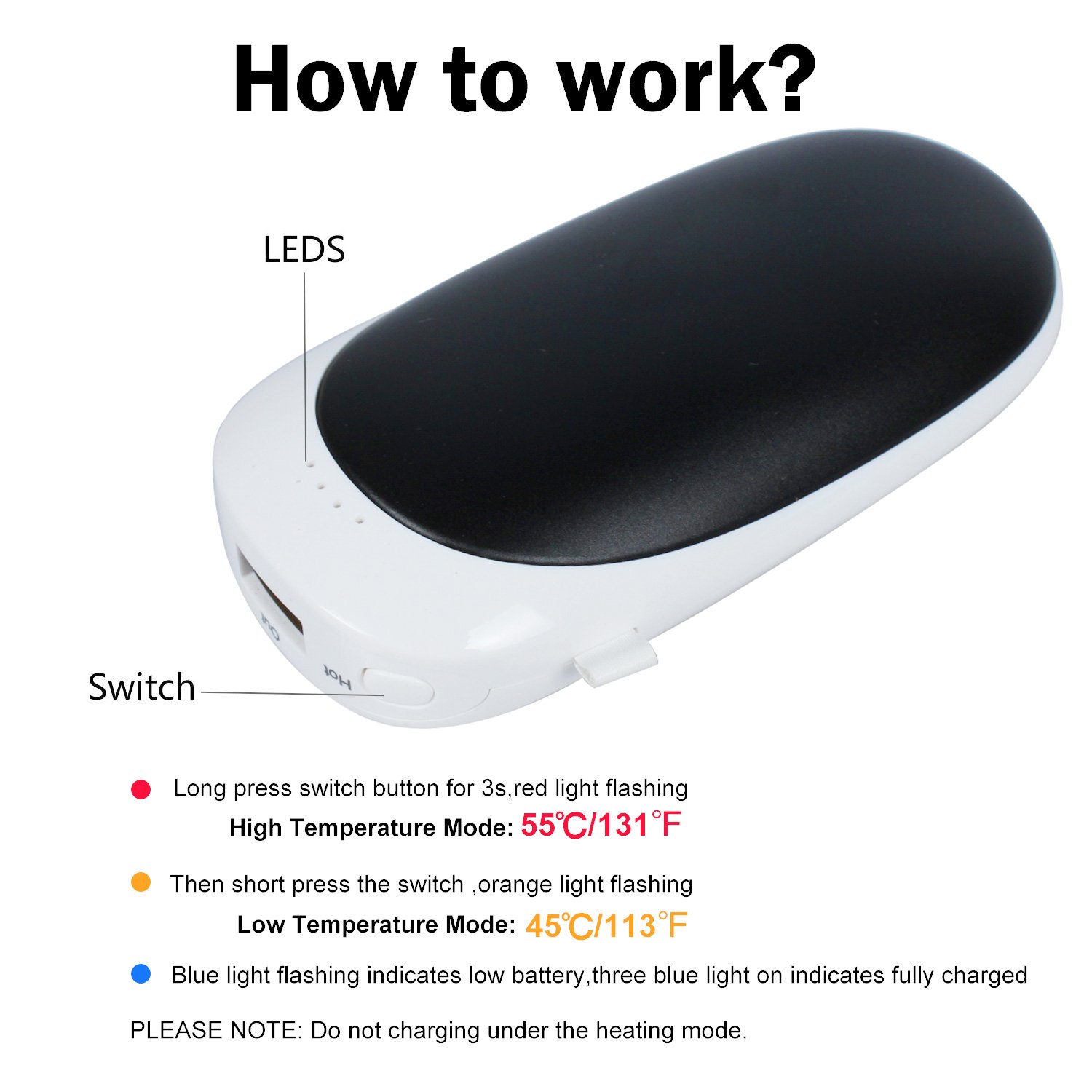 Rechargeable Hand Warmers ,Vshow Baby Dolphin USB Electric Pocket Handwarmer 5200mAh Reusable Portable Heater/Emergency Phone Charger for iPhone/Samsung Galaxy - Black