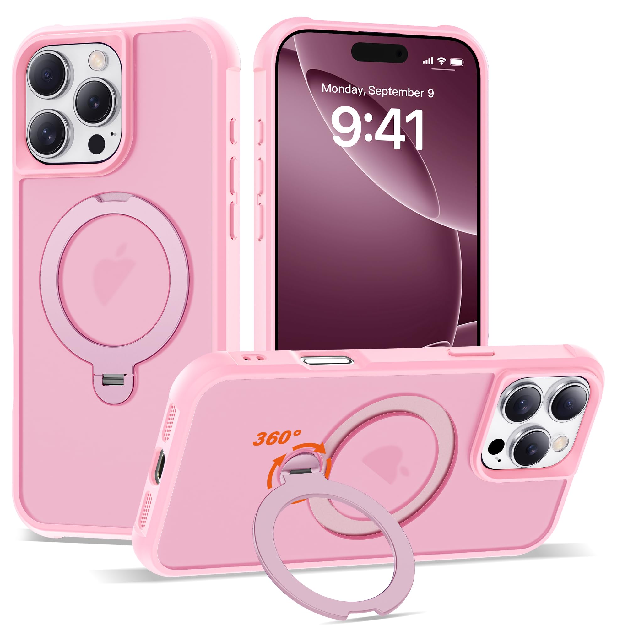 Photo 1 of UGENINO Compatible with iPhone 16 Pro Max Case with Invisible Magnetic 360°Spin Stand,Military-Grade Shockproof Protection [Compatible with Mag-Safe] Non-Slip Edge Translucent Case (6.9",Pink)