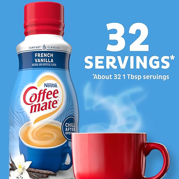 COFFEE MATE FRENCH VANILLA FLAVORED COFFEE CREAMER, SHELF STABLE, NON-DAIRY, GLUTEN-FREE, 6-PACK, 192 TOTAL SERVINGS, 16 FL OZ PER BOTTLE