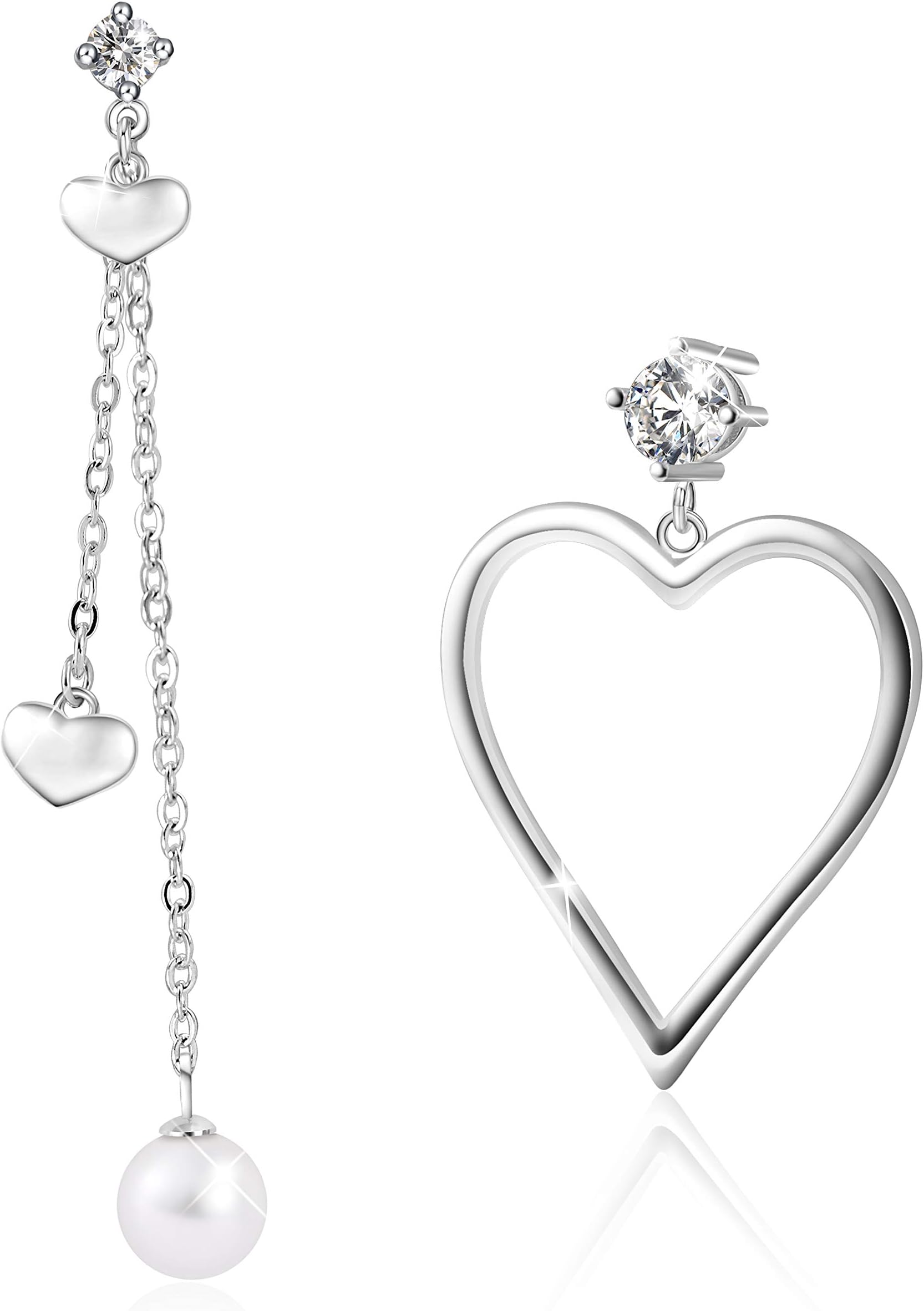 PEARLOVE Women's Asymmetrical Earrings 925 Sterling Silver Simple Dangle Long Drop Earrings Love Heart Shape Stud Earrings Gift With Fashion Box