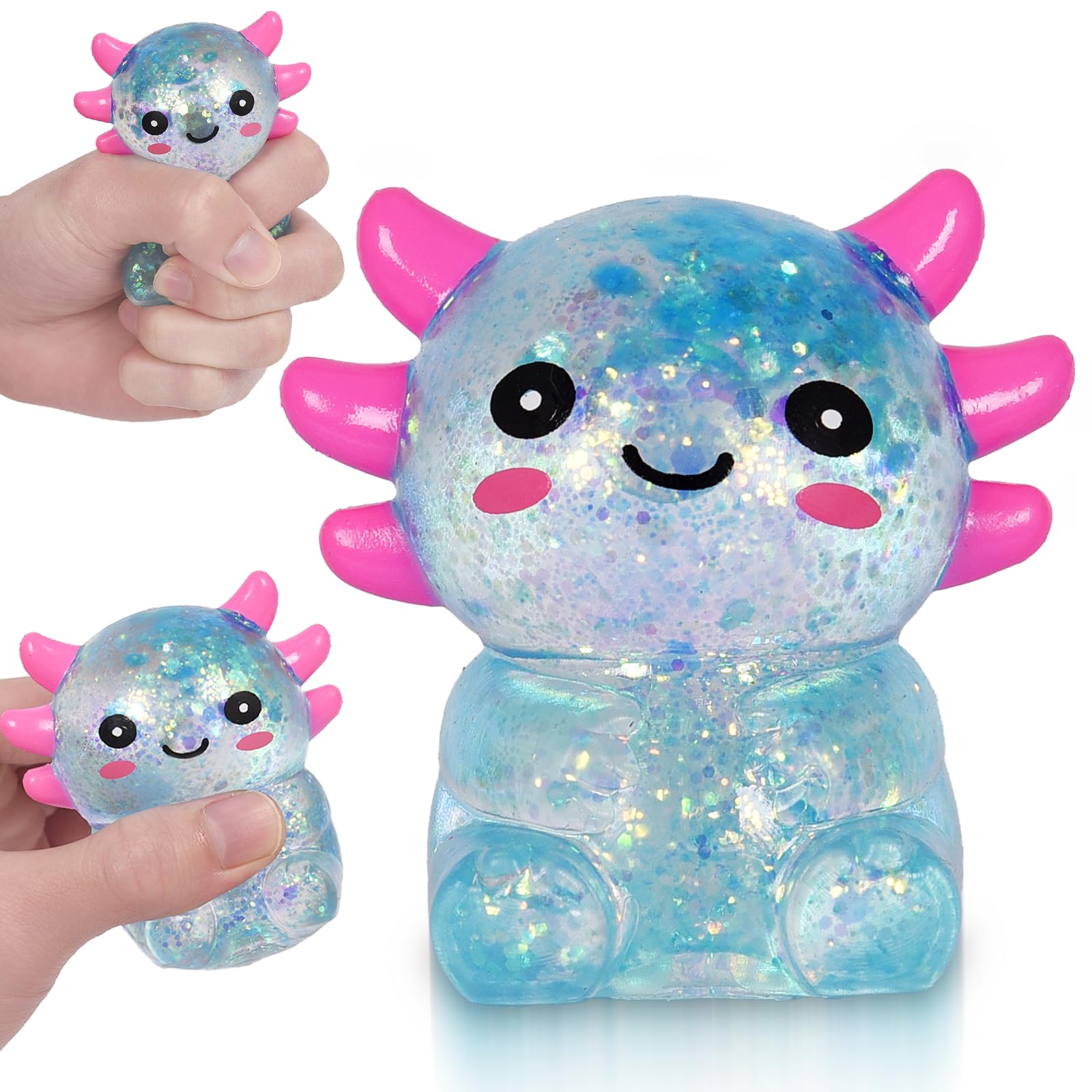 Axolotl Squishy Stress Ball, Soft TPR Slow Rising Squeeze Toy, Cute Axolotl Fidget Toy for Stress Relief, Anxiety Calming Sensory Toy for Kids Adults(Blue Seated Axolotl)
