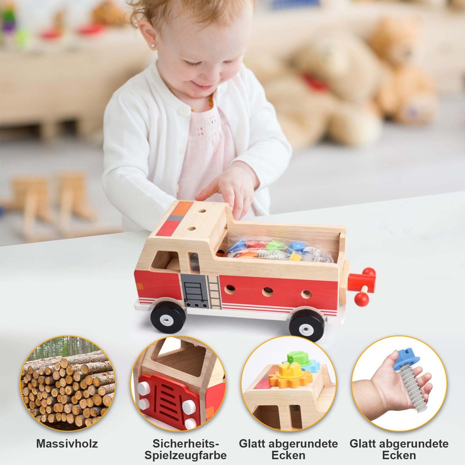 Nauotk Werkzeugkoffer Kinder Werkbank, Montessori Werkzeug Holzspielzeug Spielzeug ab 2 3 4 Jahre, Kinderwerkzeug Werkzeugwagen, Werkzeuggürtel Koffer Lernspiele Geschenk Junge Mädchen ab 3 Jahren 6