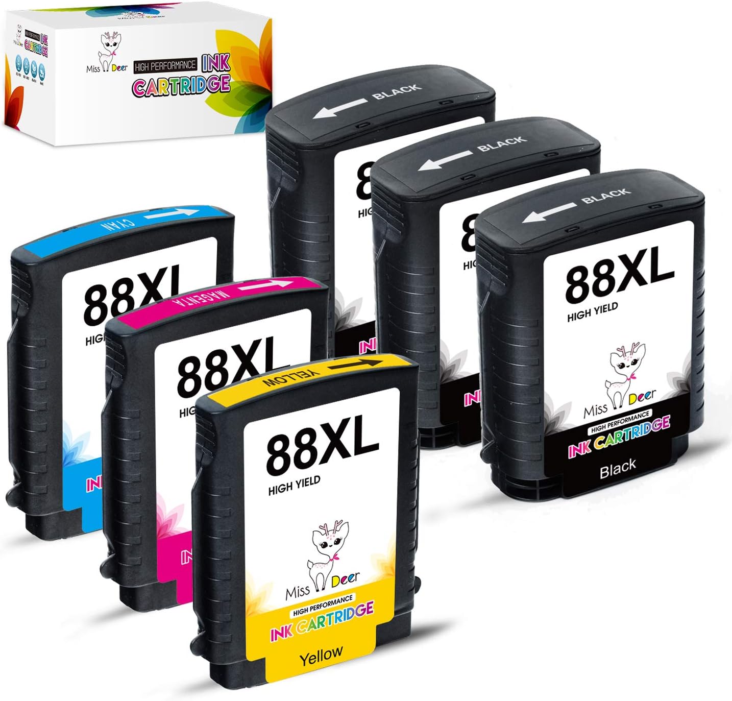 MS Deer Compatible 88XL Ink Cartridges, High Yield Replacement for HP 88 88XL Work with Officejet Pro K5400 K550 K8600 L7480 L7550 L7580 L7590 L7650 L7680 L7750 L7780 (3BK, 1C, 1M, 1Y) 6Pack