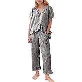 Flygo Womens Plaid 2 Piece Pajamas Sets Gingham Button Down Puff Sleeve Babydoll Shirt Ruffle Pants Y2K Pjs Lounge Set