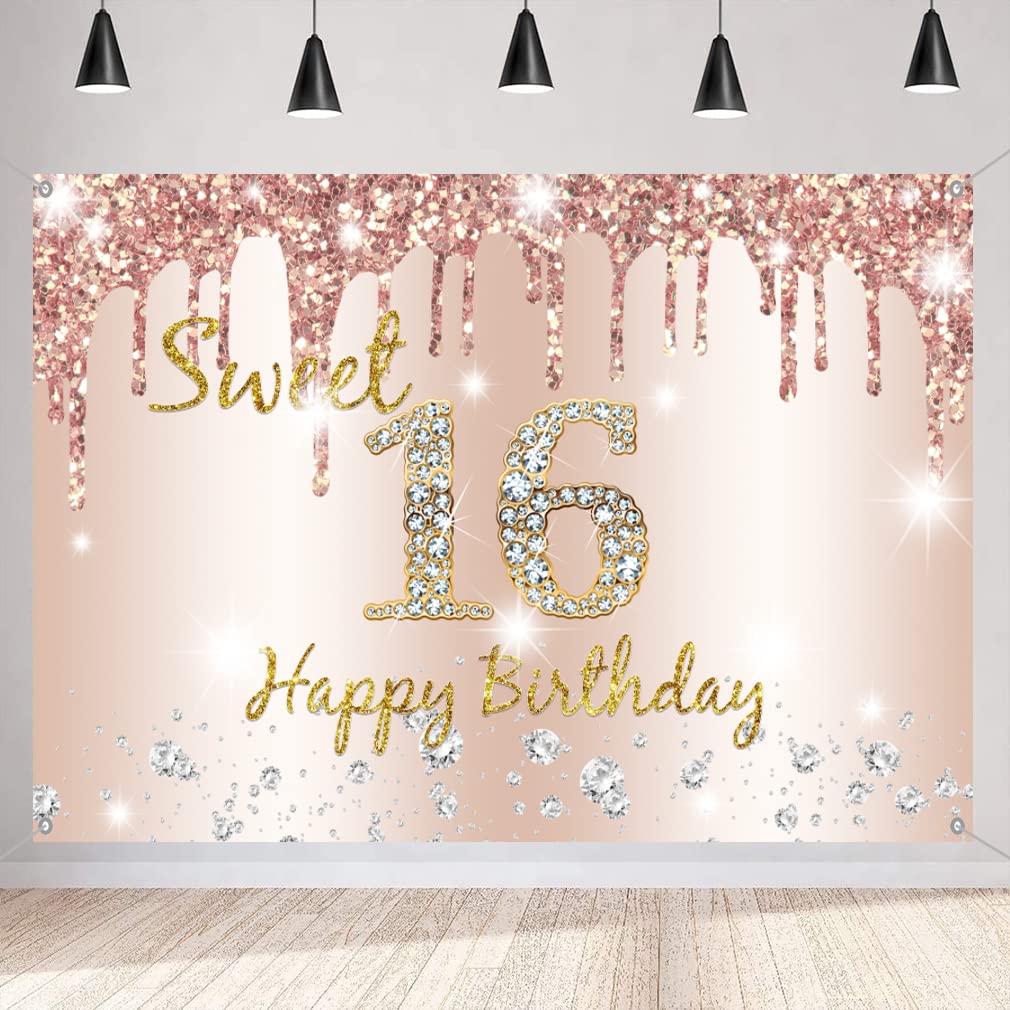 Tecreo Cute 16th Birthday Girl Decor, Banner Sweet Birthday Rose Gold, Sign Birthday Poster, Birthday Decor Birthday Background Banner Girls Birthday Party Decor, Copper,Gold,Pink