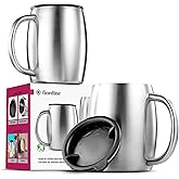 FineDine Insulated Stainless-Steel Coffee Mug with Lid and Handle (2 Pk) 14 oz - BPA-Free Spillproof Lid, Double-Wall Camping