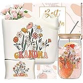 DHQH Grandma Birthday Gifts for Women, Best Grandma Christmas Gifts form Granddaughter Grandson, Thanksgiving Gift Basket with 16 Oz Glass Cup, Canvas Tote Bag