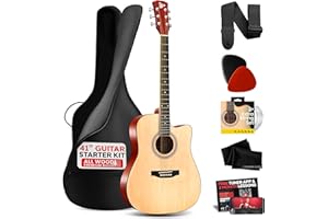 Pyle Steel String Acoustic Guitar Kit, 4/4 Full Size Cutaway All-Wood Guitarra Acustica with Premium Accessory Set and Upgraded Gig Bag, 41" Natural Glossy