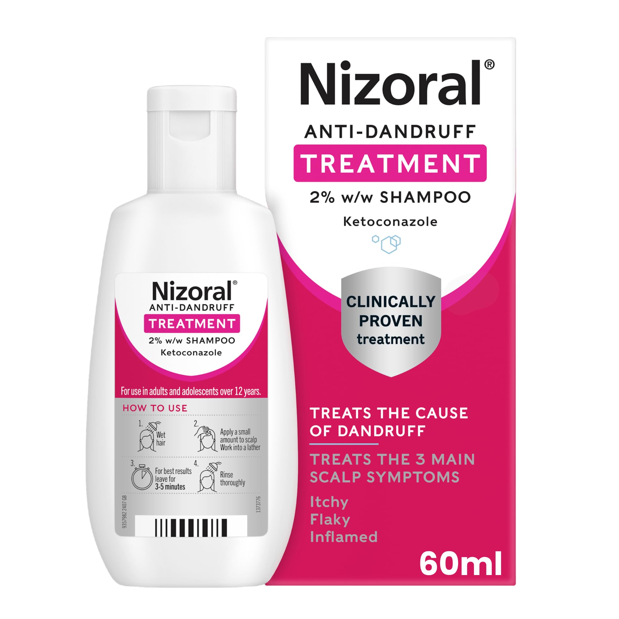 Nizoral Anti-Dandruff Treatment Shampoo, Treats and Prevents Dandruff, Clinically Proven to Control Itchy & Flaky Scalps, Contains Ketoconazole, 1 x 60ml