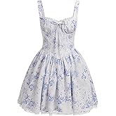 ABEHIK Women's Corset Dress Floral Mini Sexy Spaghetti Straps Low Cut Lace Short Dress Ruffle Summer Bustier Sundress