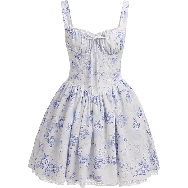 ワンピース Lace Trimmed Floral Dress powder blue M Blue Floral Print Dress - Blue Lace-Up Midi Dress - Floral