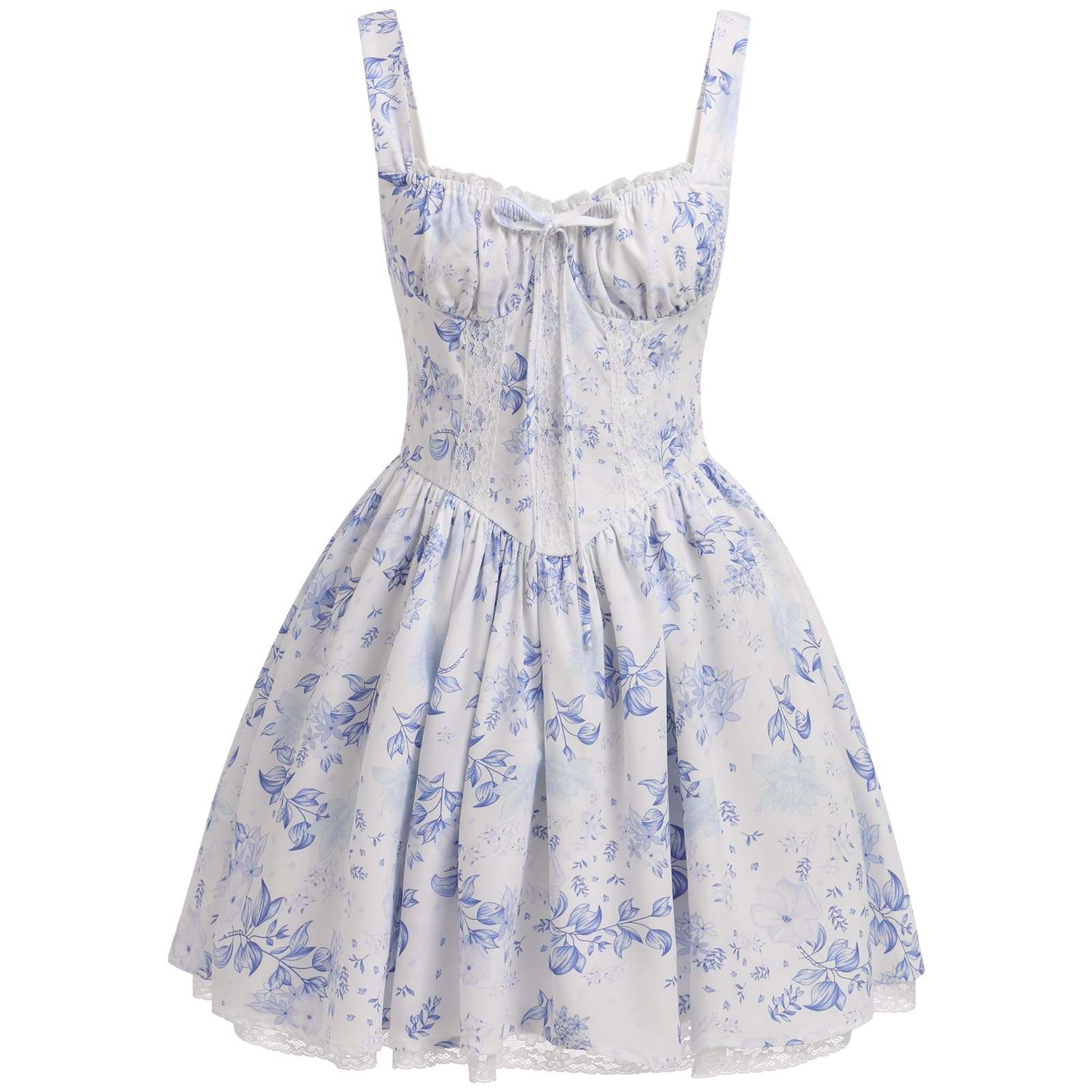 Photo 1 of ABEHIK Women Mini Corset Dress Sexy Short Romper Boho Summer Dresses Spaghetti Straps Low Cut Floral Lace Bustier Dress Ruffle Flowy Going Out Wedding Guest Party A Line Casual Sundress Blue S