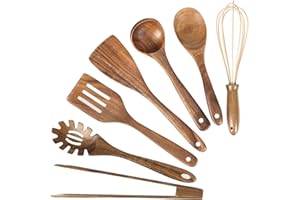 AIUHI Teak Wooden Cooking Utensil Set, 7 Pcs Wooden Spoons for Cooking, Spatulas Non-Stick for Cookware, Kitchen Gadgets