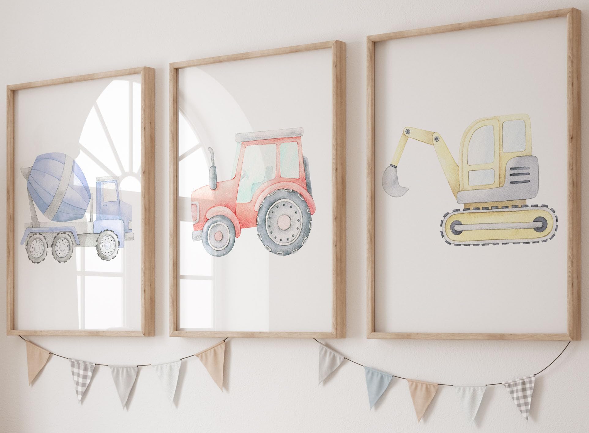 Construction Vehicles Set of 3 Unframed Poster Prints for Boy Girl Nursery Bedroom, Watercolour Design, Wall Art Transport Decor, Tractor Digger Cement Mixer, Blue Red Yellow (A3)