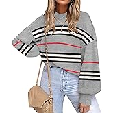 ETCYY Womens Sweaters Fall 2026 Batwing Long Sleeve Side Slit Knit Tops Crew Neck Striped Oversized Sweater Pullover