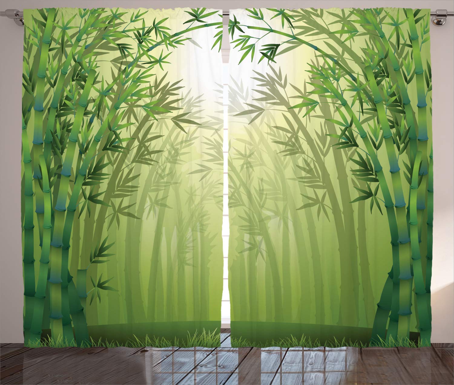ABAKUHAUS Bamboo Curtains, Image of Bamboo Trees in Rain Forest Far Eastern Wildlife Tropical Nature Inspired Style, Living Room Bedroom Window Drapes 2 Panel Set, 69 L X 110 W, Green