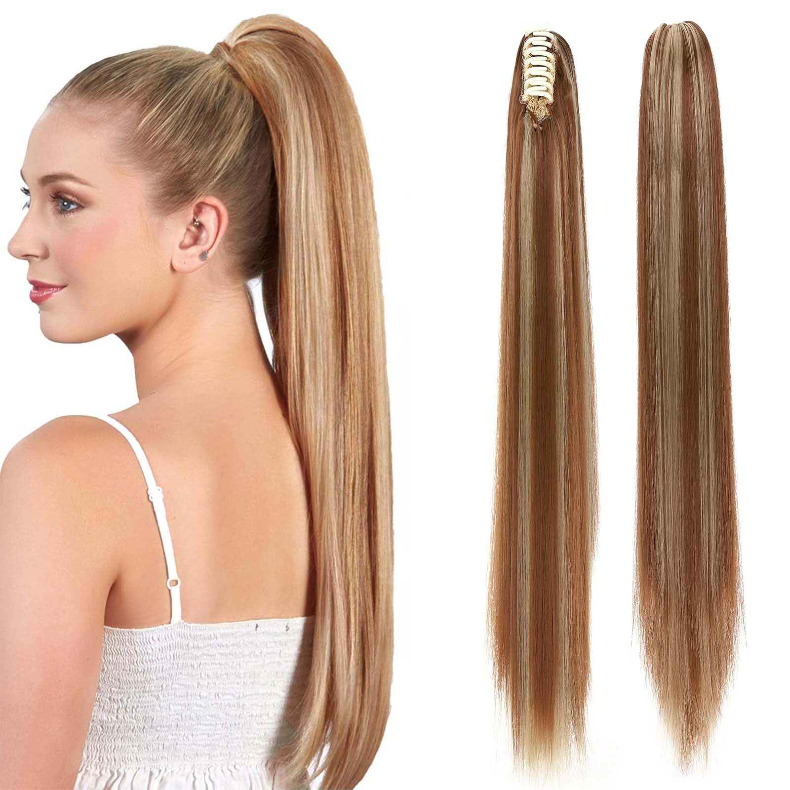 Fashion Ponytail Hair Extension Claw Curly Wavy Straight Clip in ponytail Hairpiece One Piece fake hair Ponytails for Women 26” Straight Light brown & ash blonde