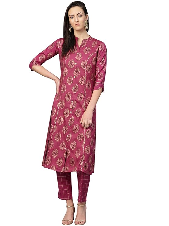 Women's Cotton Foil Printed Gota Patti A-Line Kurta Trouser Set