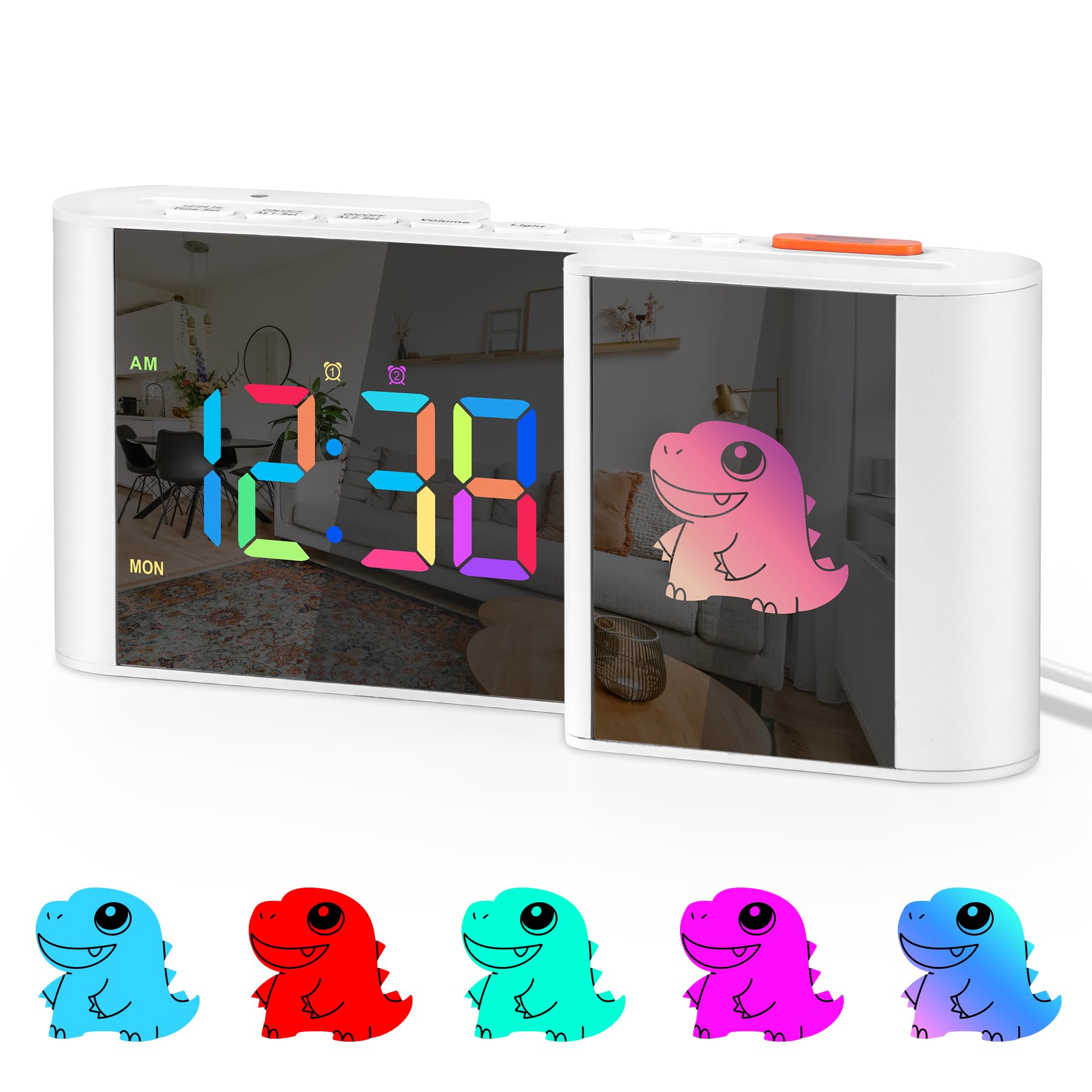 Alarm Clock,Alarm Clocks Bedside with Cute Cartoon,7.2''Large Mirror Clock,11 Colors Digital,10 Colors RGB Cartoon,Week Display,Auto Dimming,Dual Alarms,USB Port,5 Levels Volume for Bedroom Home Decor