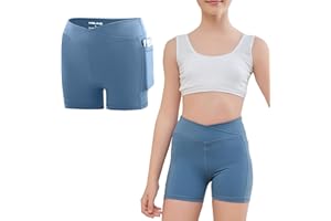 MEJING 4" Girls Cross Waist Athletic Shorts with Pockets, Biker Volleyball Running Cheer Dance Yoga Gymnastics Shorts