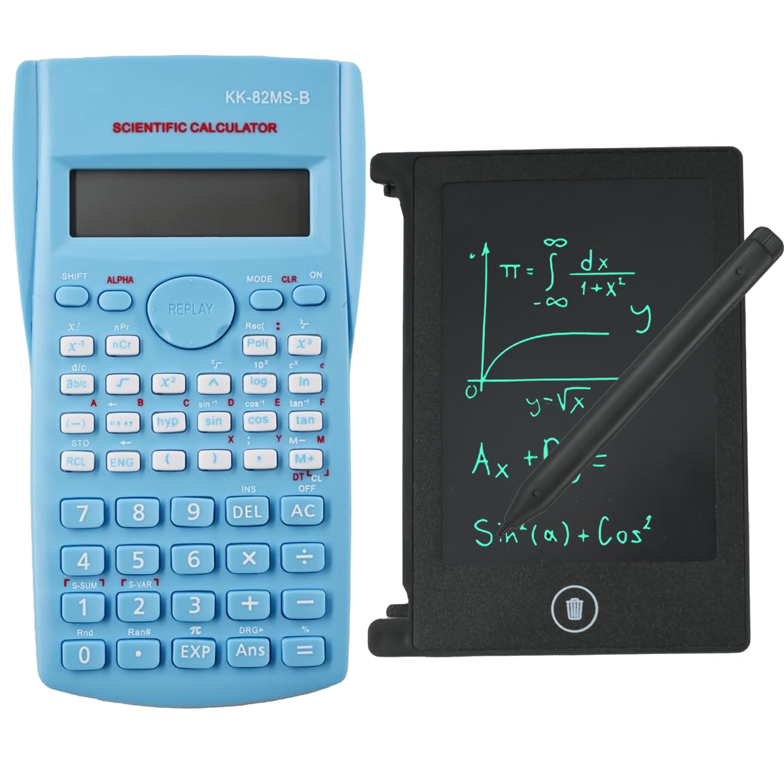 KK-82MS-B/KK-82MS-D Scientific Calculator with LCD Erasable Writing Pad, Engineering Scientific Calculator for Office with 240 Functions Two-Line Display,Kids Calculator with Writing Tablet,Blue