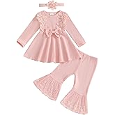 Afunbaby Baby Girl Fall Outfits Toddler Girl Clothes Flower Dress Lace Dresses Bow Sweatshirt Flared Pants Clothing Set