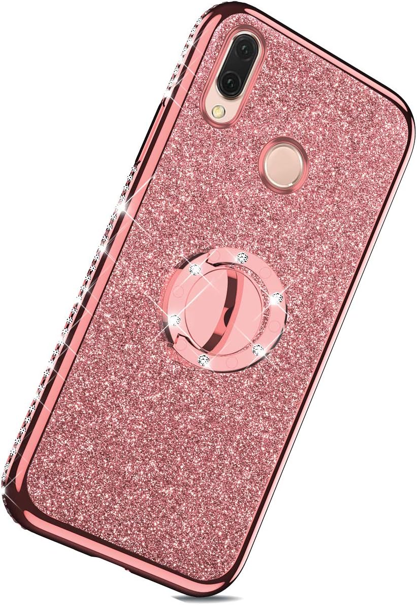Herbests Compatible with Huawei Nova 3 Glitter Cute Phone Case for Women Girls with Ring Holder Kickstand Crystal Clear Thin Anti-Scratch Bumper Soft TPU Protective Cover,Rose Gold