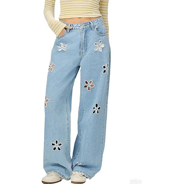 ’Cat’Printed Vintage Wide Denim Pants Wide Leg Denim Pants For Women Vintage Kitty Cat Embroidery