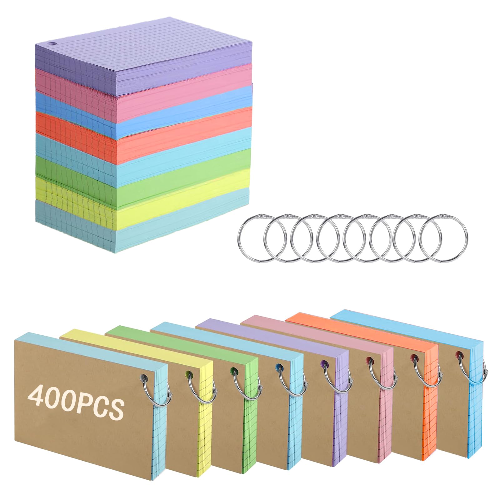 3x5 Inch Ruled Index Cards, 400 Pieces Colored Index Cards with Ring, Double Sided Record, Study Memory Note Taking Ruled Note Cards for Home Office