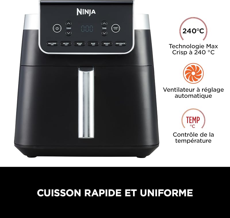 Fritadeira de ar ninja max pro, 6,2l, 6 em 1, sem óleo, fritar, assar, assar, reaquecer, desidratar, tamanho família, digital, cesta antiaderente própria para máquina de lavar louça, cinza, af180eu