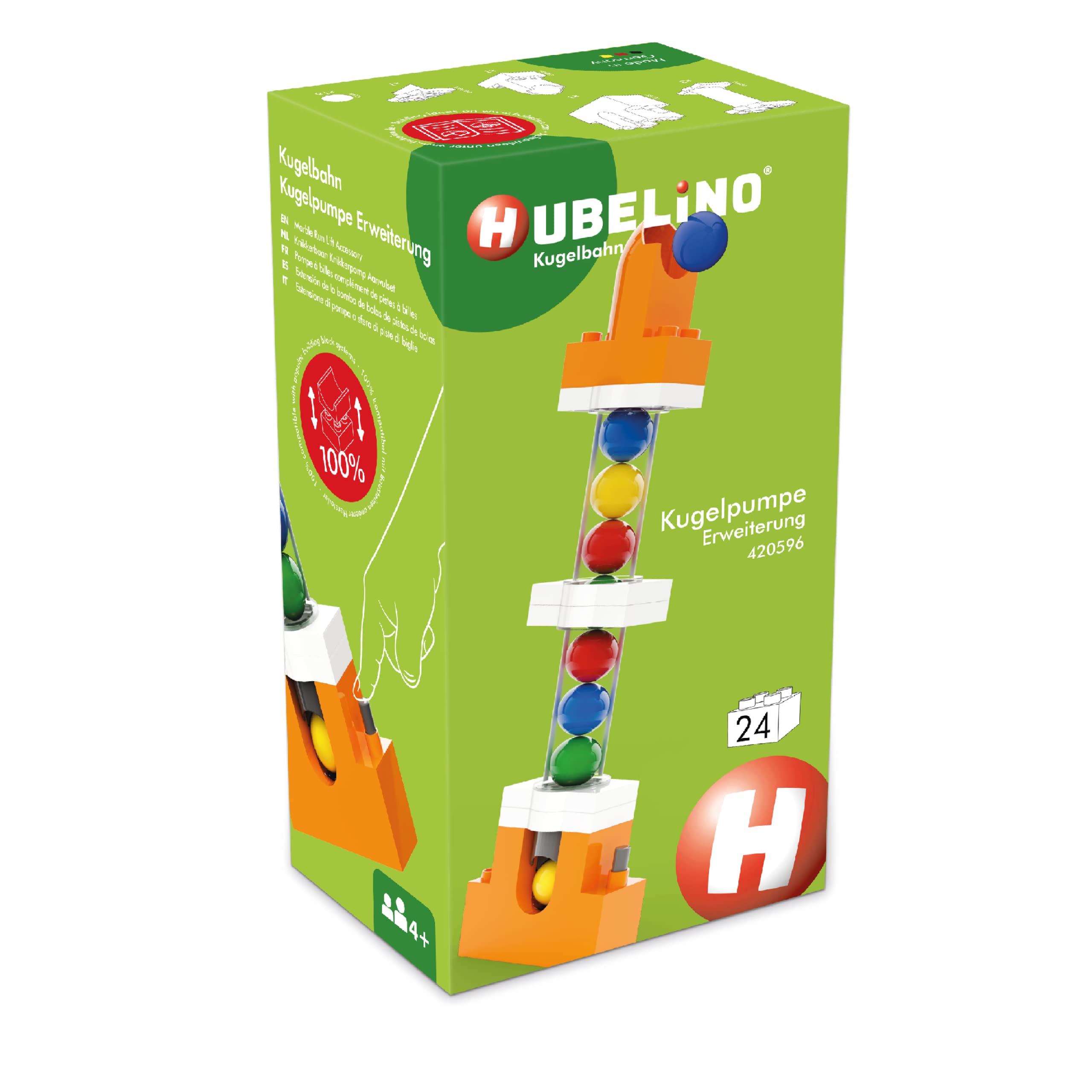 Hubelino 420596 Expansion set, Marble Run Lift Accessory, Compatible with popular bulding block system -24 pieces- For Ages 4 and Up (Made in Germany)