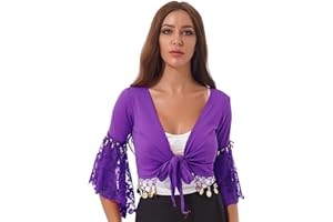 XUNZOO Women Glitter Bead Tassel Belly Dance Top Lace 3/4 Flared Sleeves Shawl Crop Tops Dancewear