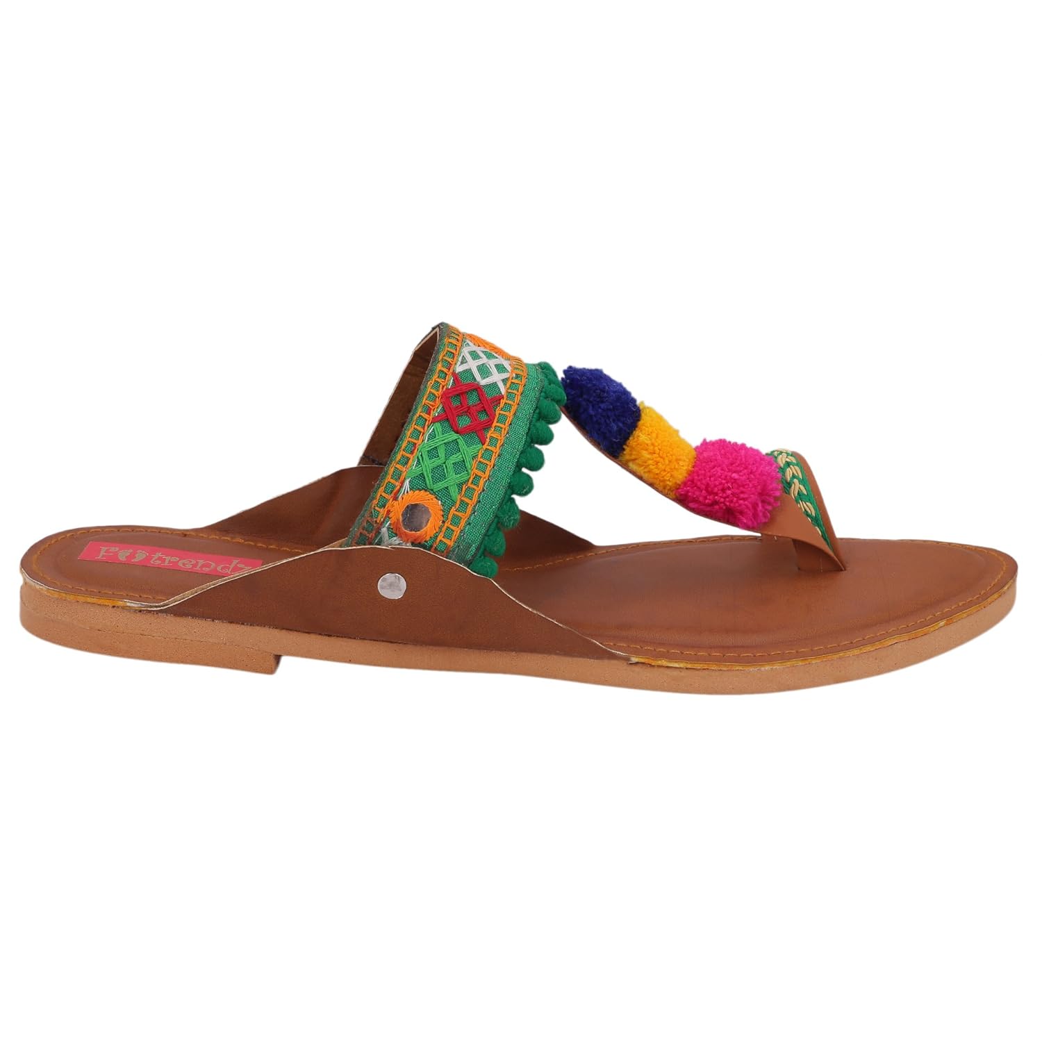 footrendz women's pompom and faux leather kolhapuri flats