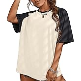 KIEKIECOO Oversized Short Sleeve Shirts for Women Loose Fit Basic Casual Crew Neck Tee Shirt Baggy Color Block Unisex Tops