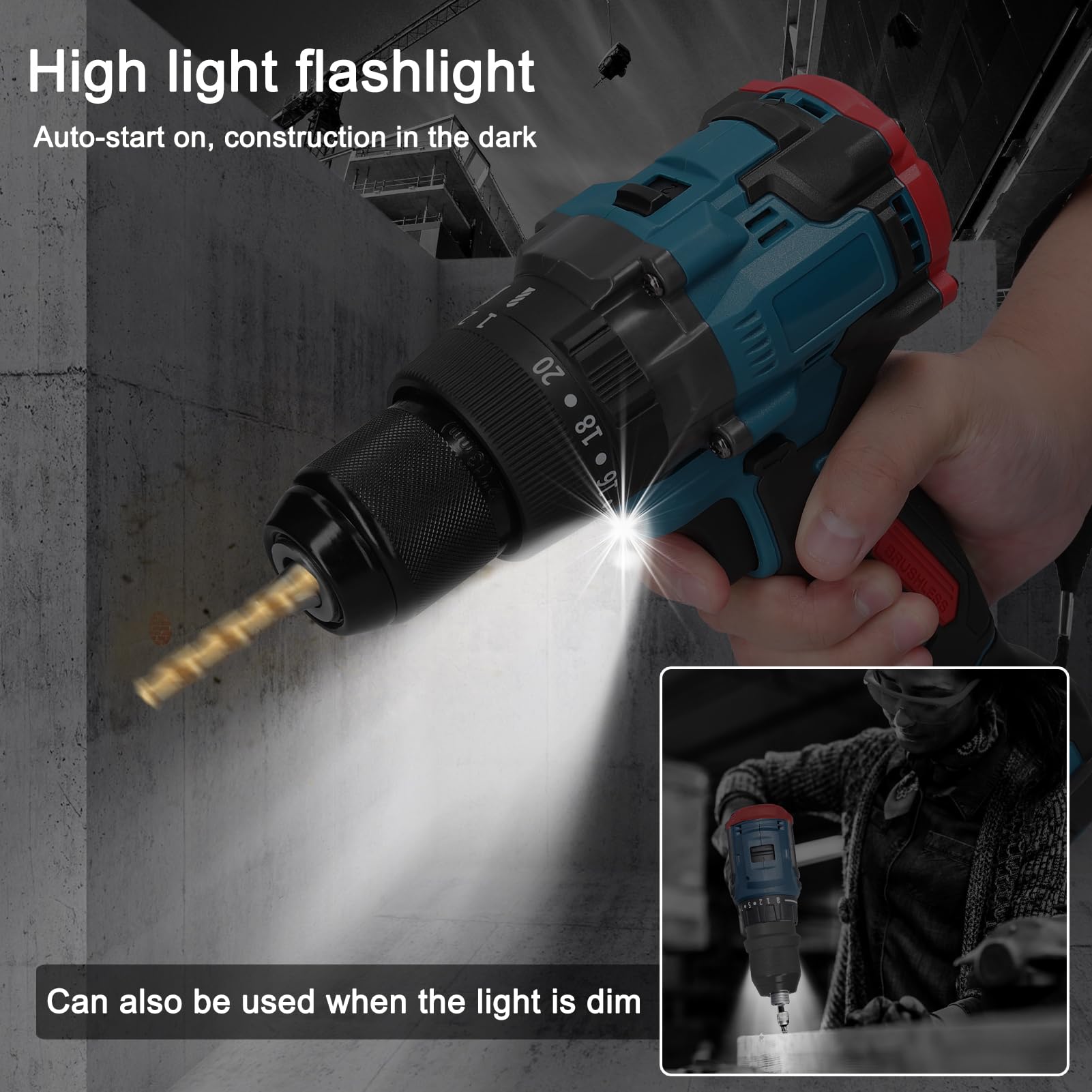 Hand Drill, 0.5 inch (13 mm) High Torque Multifunctional Electric Cordless Drill High Power Rechargeable Hand Drill Brushless Motor Household DIY Power Tools