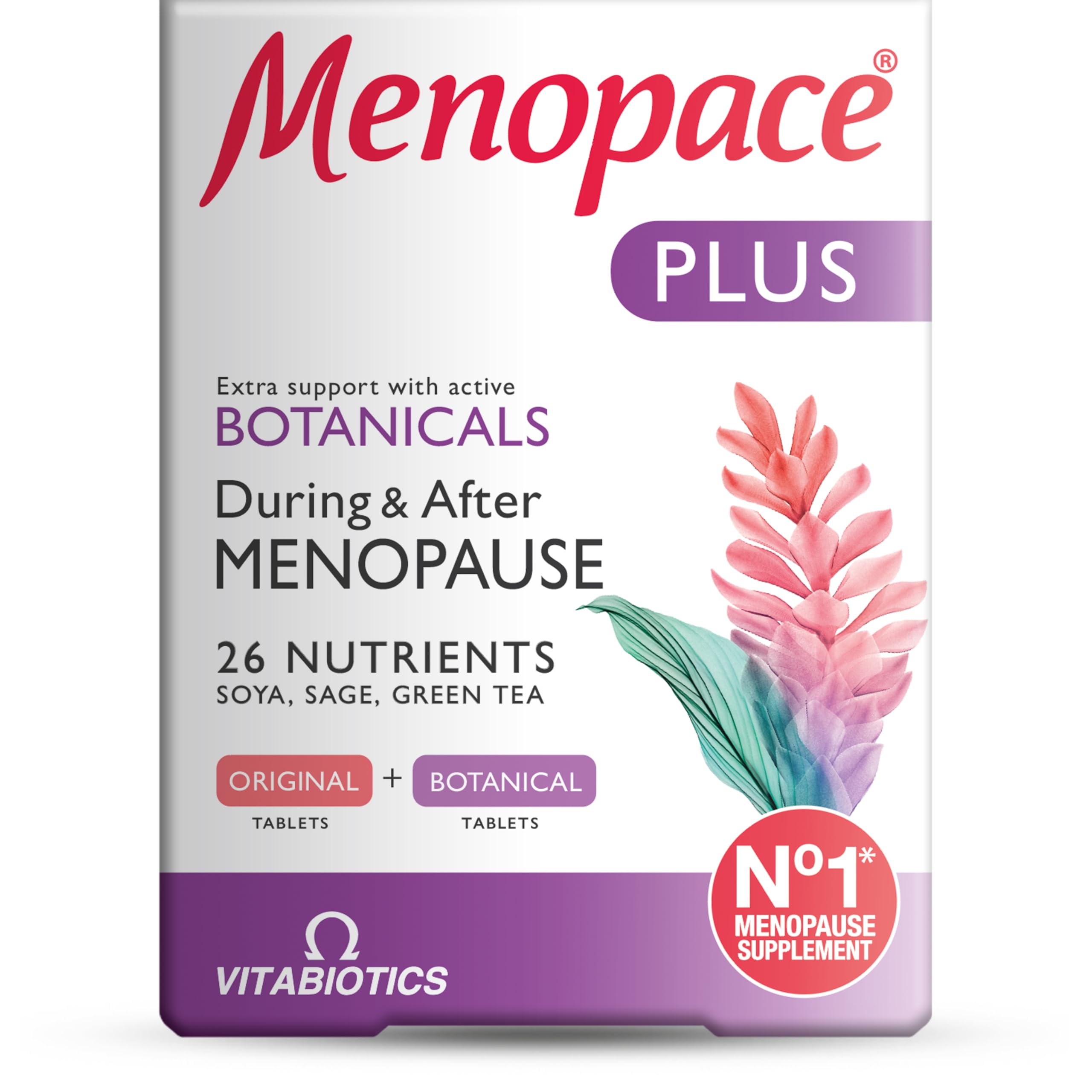 Menopace Plus by Vitabiotics - Extra Menopause & Perimenopause Support with Sage & SOYA Isoflavones - UK's No.1 Menopause Supplement Brand (Pack of 1)