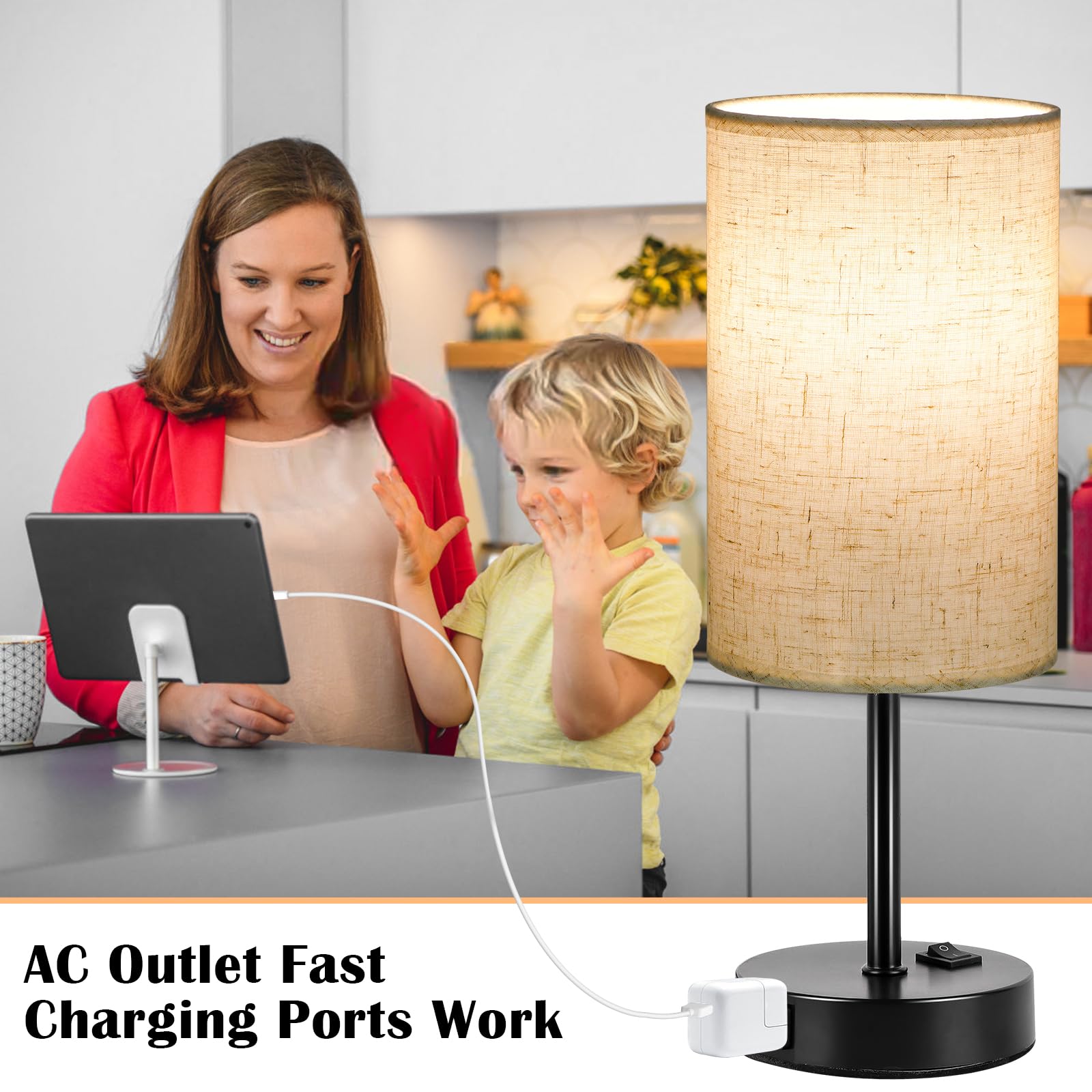 ZJOJO Table Lamp for Bedroom Set of 2, Bedside Small Lamps with 3 Way Dimmable Rocker Switch and AC Outlet, Nightstand Desk Lamp with Flaxen Fabric Shade Black Base for Living Room Home Decor Lights