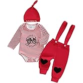 VSQWLZT Newborn Infant Baby Boy Valentines Outfit Heart Crusher Long Sleeve Striped Romper + Red Suspender Pants + Hat 3Pcs