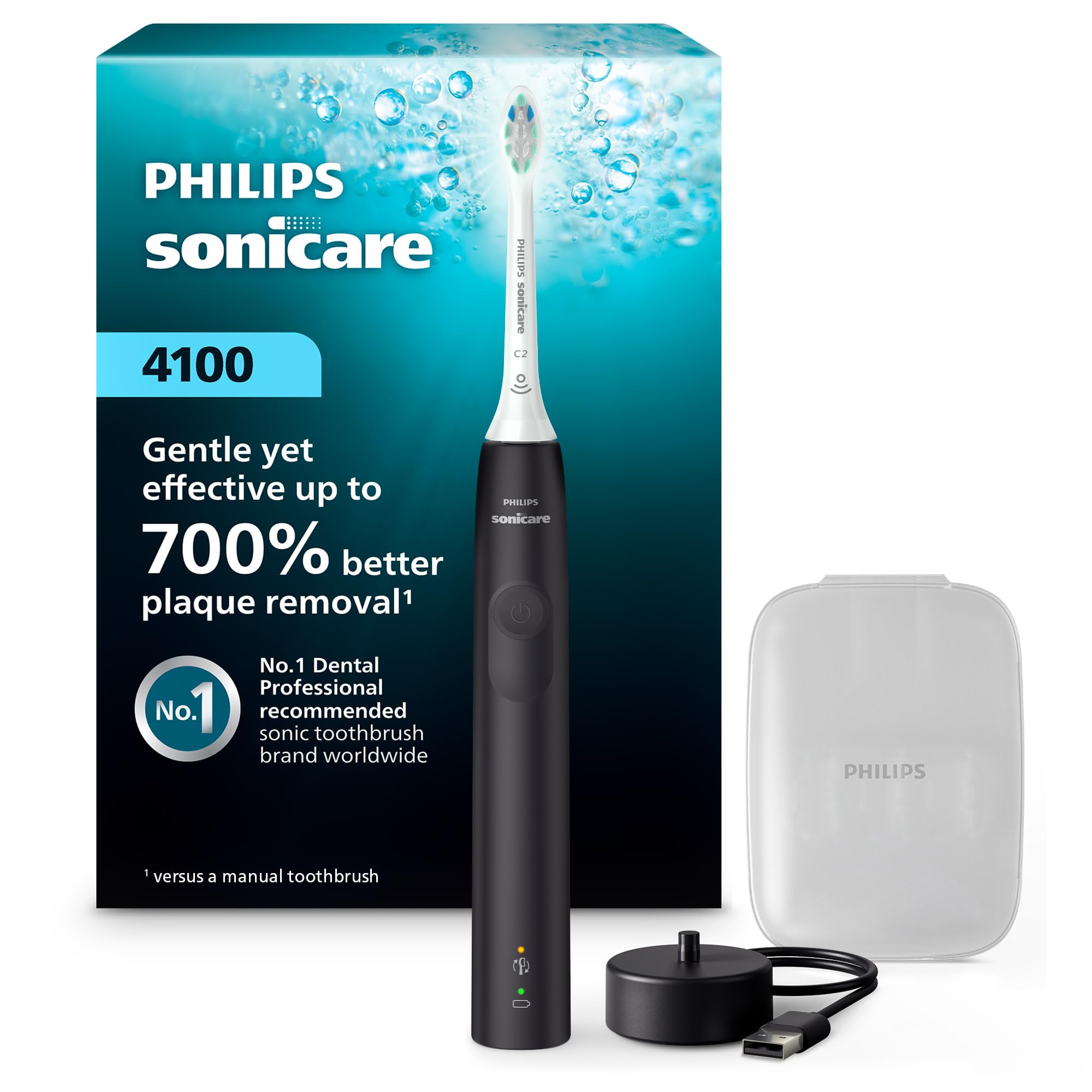 Photo 1 of Philips Sonicare 4100 Rechargeable Electric Toothbrush, Advanced Plaque Removal, Pressure Sensor, Includes Brush Head Case, Black BD5003AZ