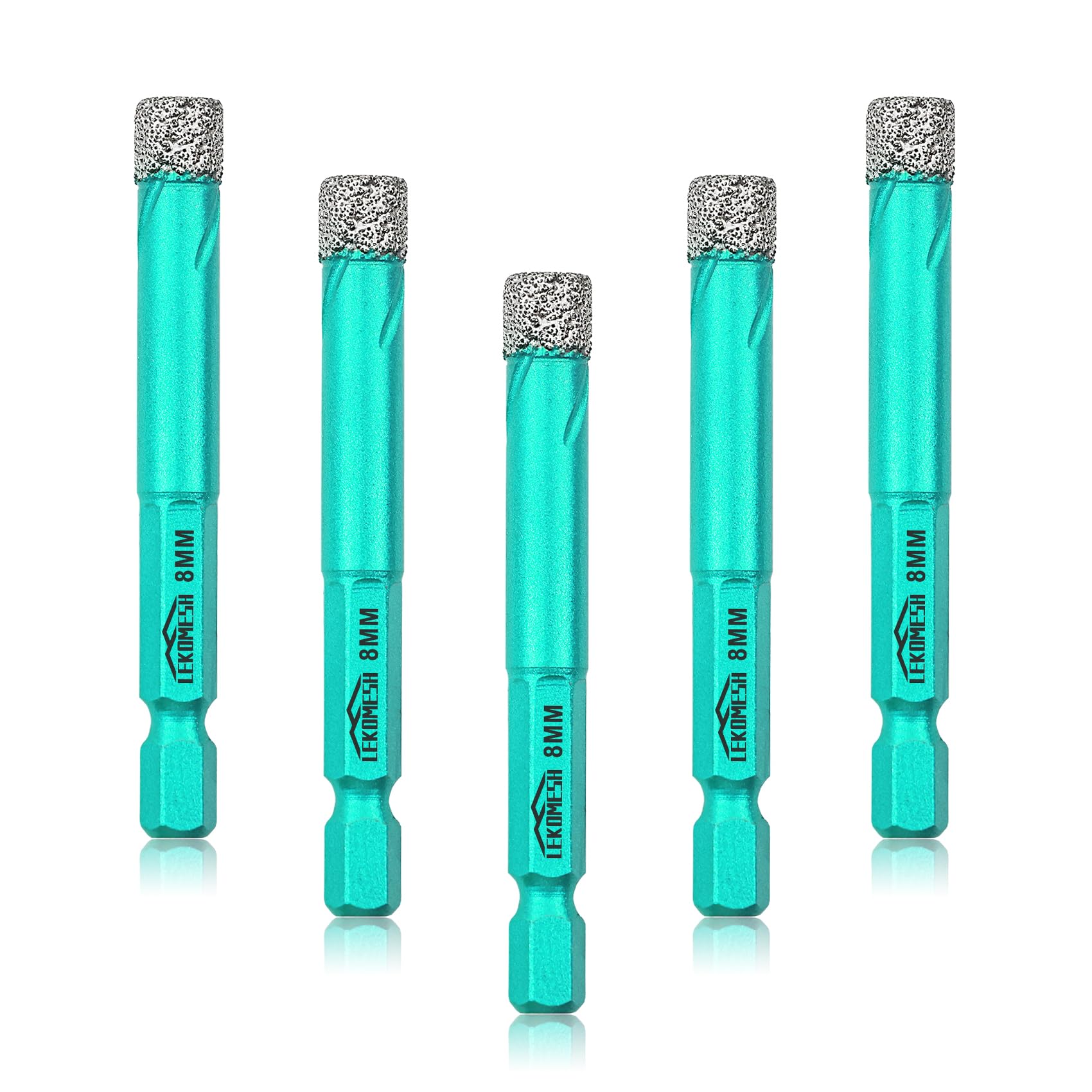LEKOMESH Diamond Drill Bit Kit - 5pcs 8MM Diamond Hole Saw Set Quick-fit Hex Shank Porcelain Tile Drill Bits for Ceramic Marble Granite Stone Quartz Vacuum Brazed