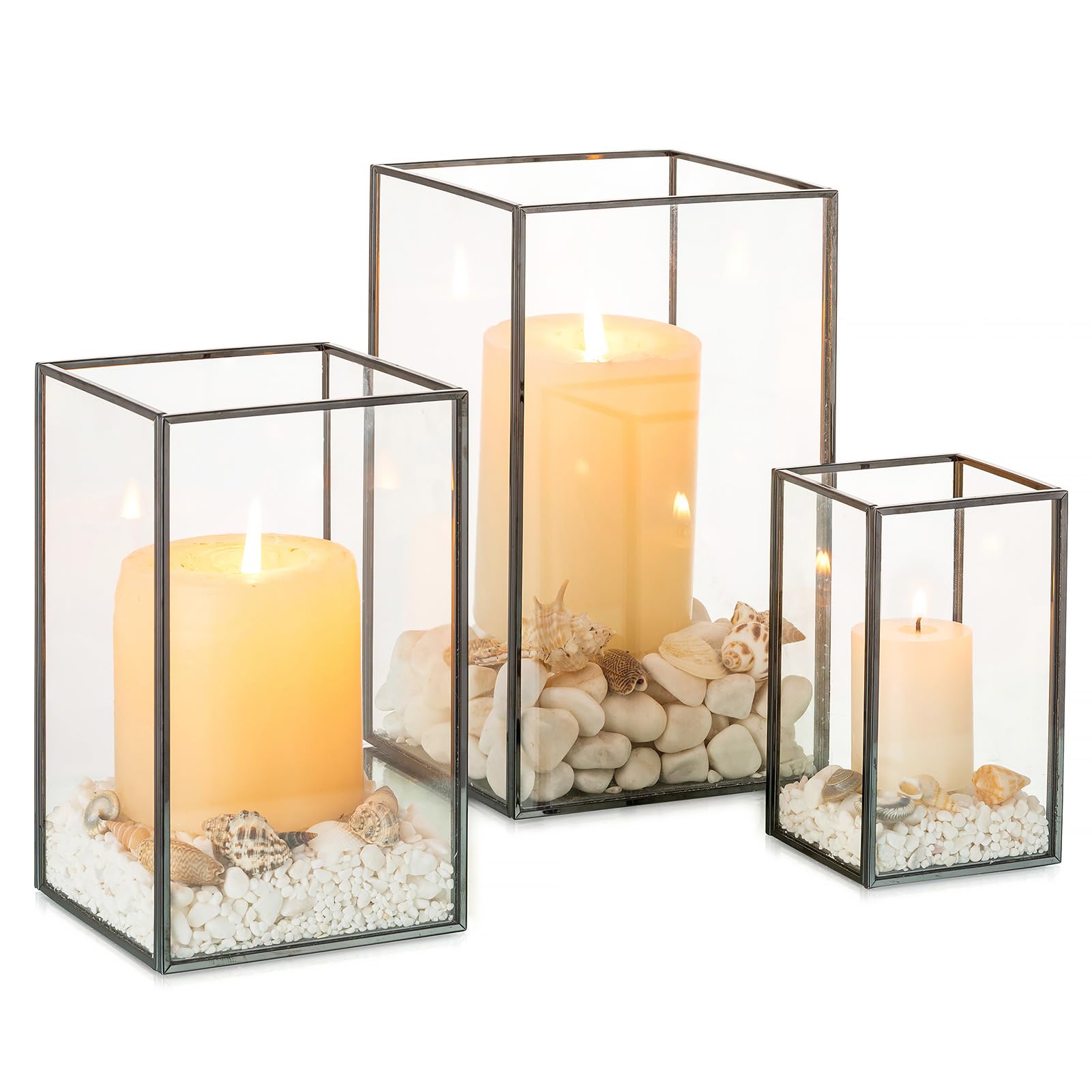 NUPTIO Black Hurricane Lantern Glass: Set of 3 Square Pillar Candle Holder Tempered Glass Outdoor Chimney Indoor for Living Dining Room Mantel Christmas Table Centrepieces Wedding Party Ornament
