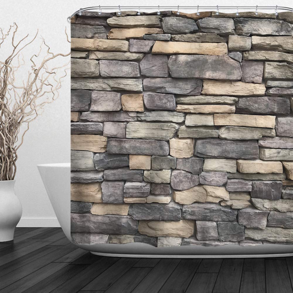 JOOCAR Design Shower Curtain, Brick Wall Marble Stone Brown Grey Rock Wall, Waterproof Cloth Fabric Bathroom Decor Set with Hooks