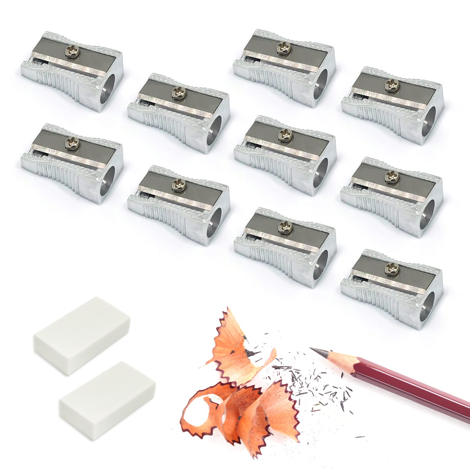 10pcs Aluminum Alloy Single Hole Pencil Sharpener with 2pcs Eraser, Handheld Simple Pencil Sharpener, School Supplies for Students, for Studying, Painting, Pencils, Crayons, Eyebrow Pencils.