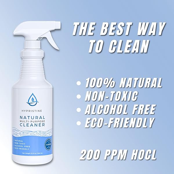HYPRISTINE PURE HYPOCHLOROUS ACID SPRAY, MULTI-PURPOSE CLEANER, SUPERIOR SHELF LIFE, 0% BLEACH, 0% ALCOHOL, FOOD CONTACT SAFE, ELIMINATE NON-LIVING ALLERGENS, REMOVE PET ODOR, CLEAN ANY SURFACE