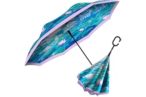 RainCaper Reverse Inverted (inside-out) Windproof Fine Art Monet Nympheas Reverse-opening Upside Down Umbrella with C-shaped Handsfree Handle
