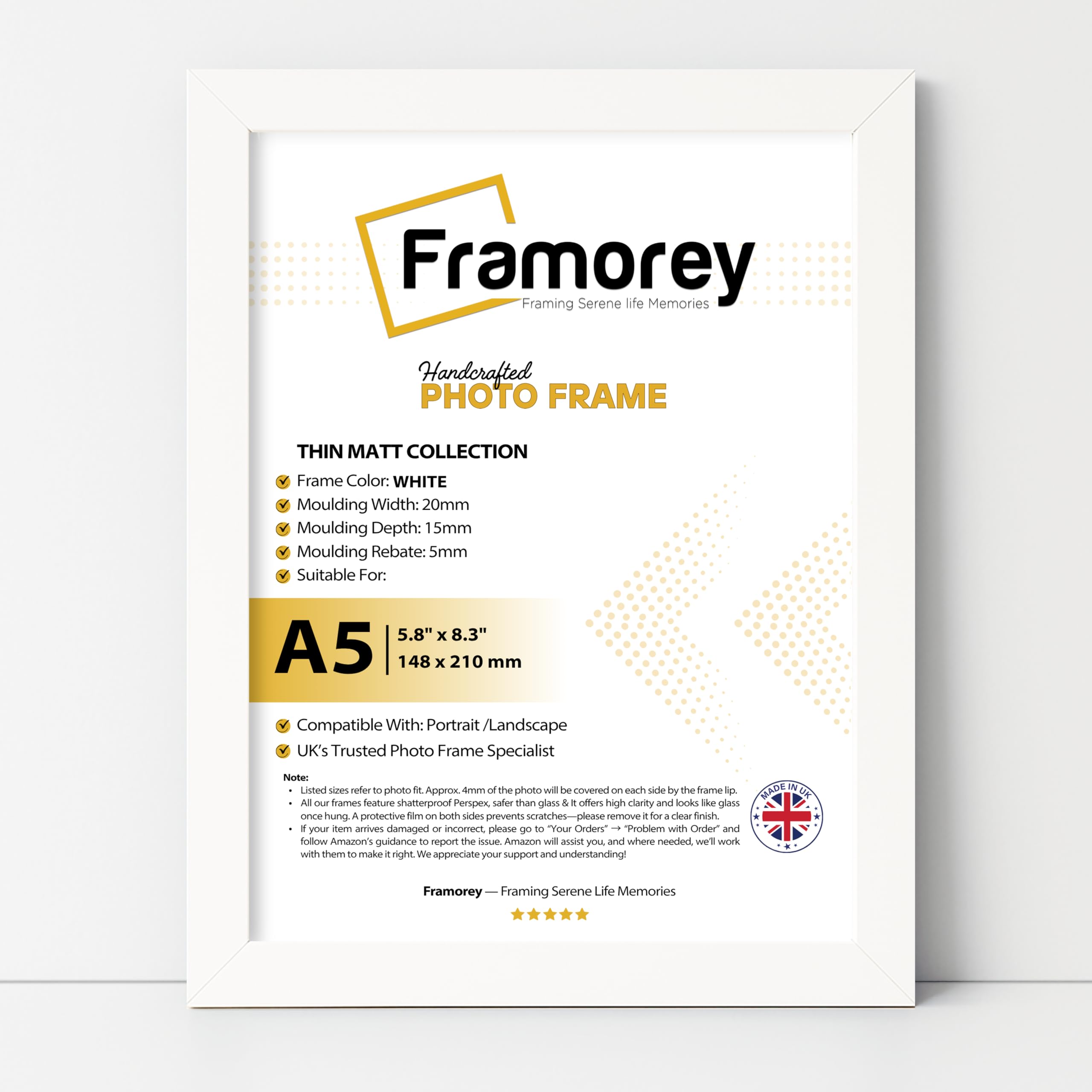 FRAMOREY A5 White Frame, White Picture Frames 21 X 14.8 cm, Photo Frame with Acrylic Glass, A5 Picture Frames with Stand Tabletop or Wall Hanging, Enginerred Wood