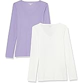 Amazon Essentials Womens Slim-Fit Layering Long Sleeve Knit Rib V-Neck Shirts (Available in Plus Size)